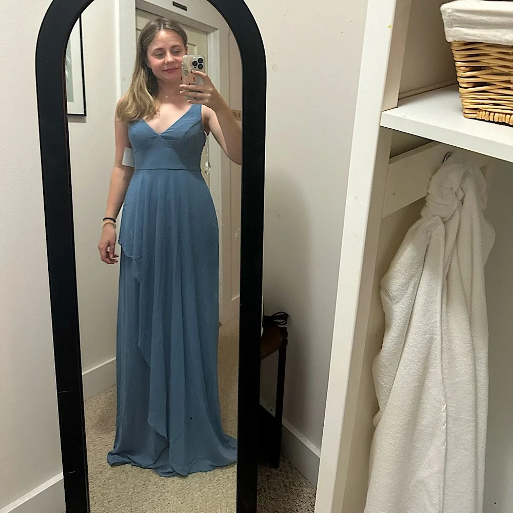 chiffon v-neck tank bridesmaid dress with cascade - Picture 2 of 6